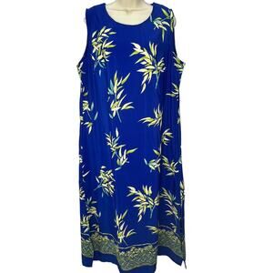 Vintage New Gear Blue Tropical Print Maxi Dress Womens Plus 1X Bamboo Side Slit